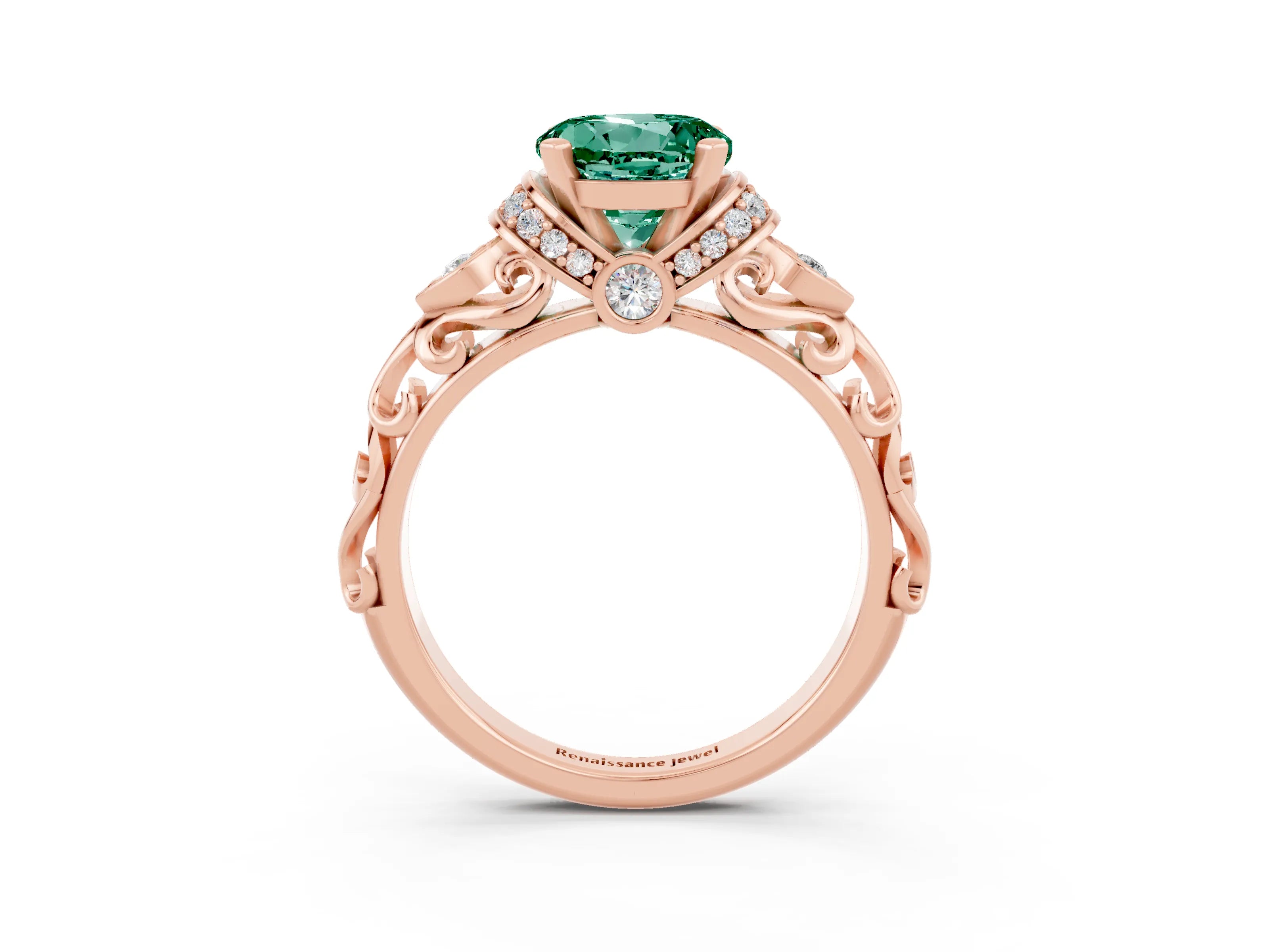 Rose gold Round Cut Green Sapphire Solitaire Ring with Filigree Band and Four-Prong Setting_27