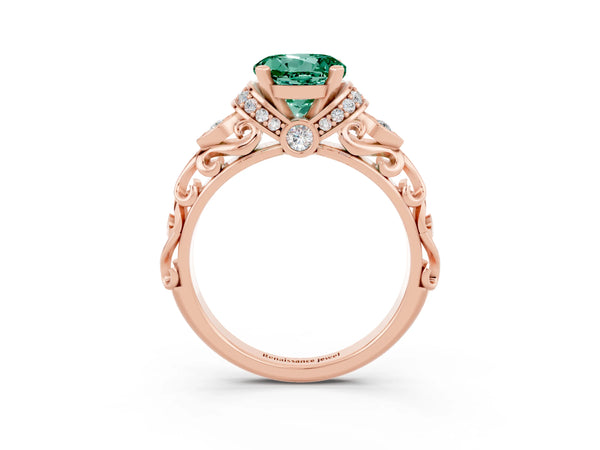 Rose gold Round Cut Green Sapphire Solitaire Ring with Filigree Band and Four-Prong Setting