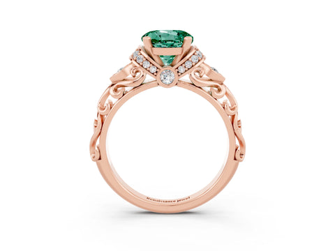 Rose gold Round Cut Green Sapphire Solitaire Ring with Filigree Band and Four-Prong Setting_27