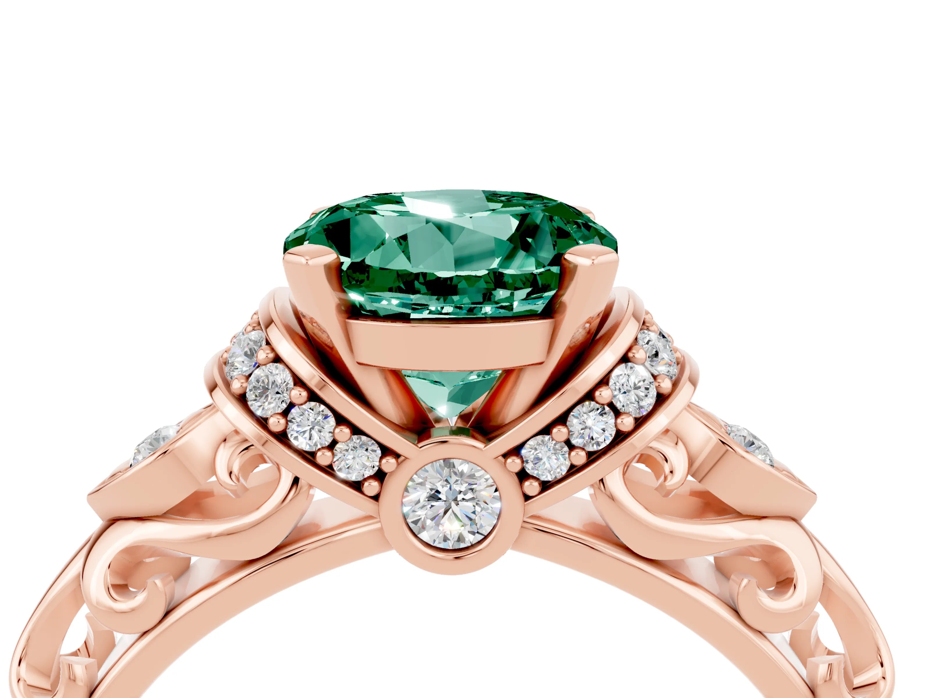 Rose gold Round Cut Green Sapphire Solitaire Ring with Filigree Band and Four-Prong Setting_28