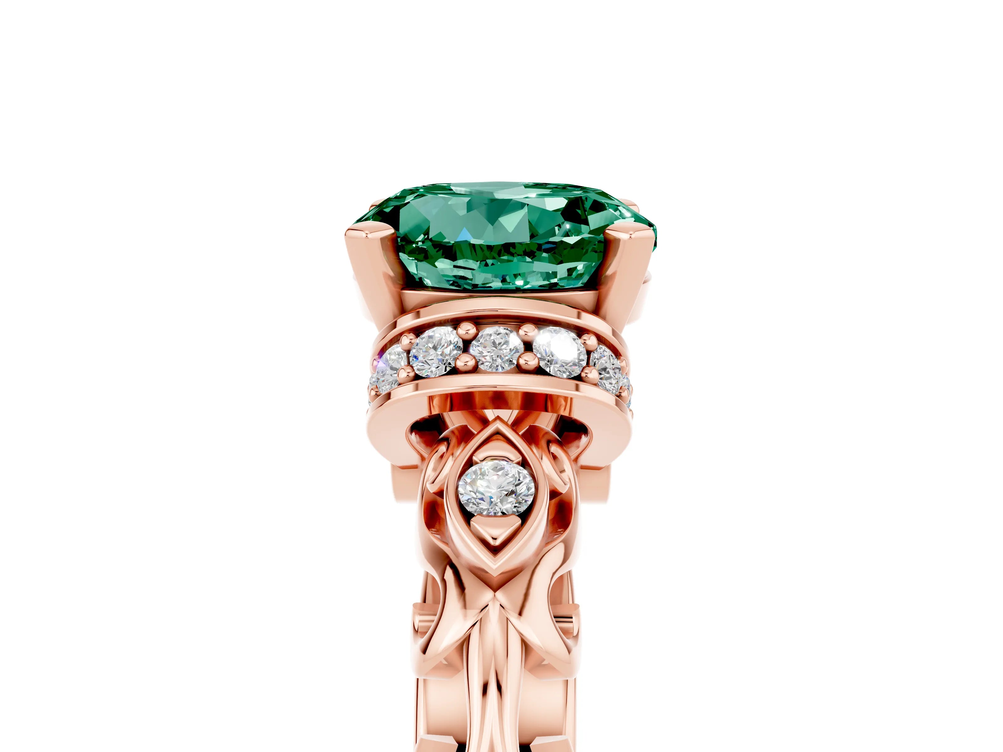 Rose gold Round Cut Green Sapphire Solitaire Ring with Filigree Band and Four-Prong Setting_29