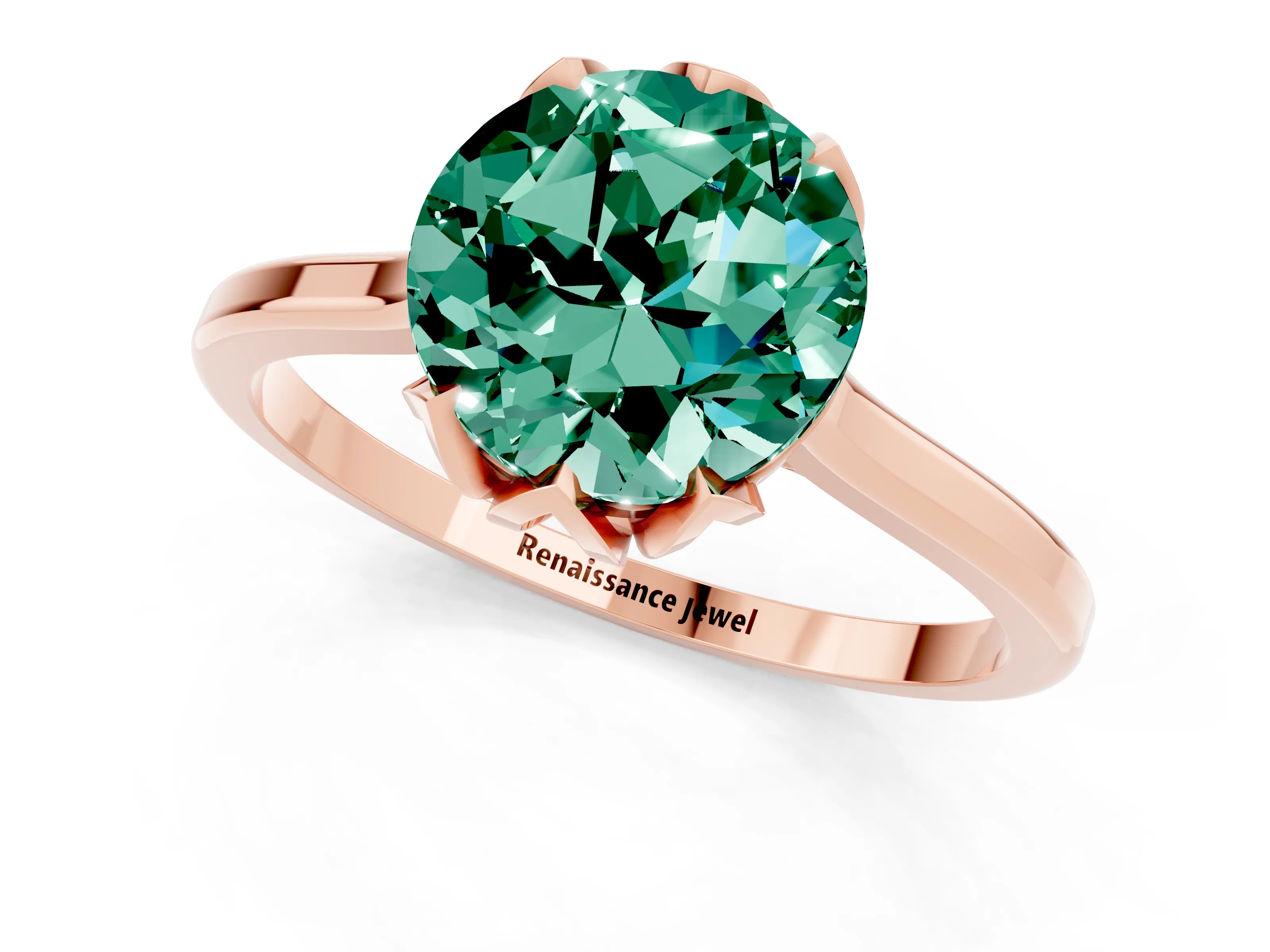 Rose gold Round Cut Green Sapphire Solitaire Ring with Flower Prong Setting and Classic Band_13