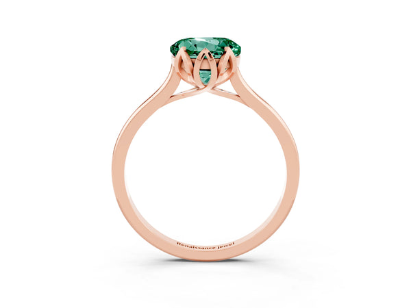 Rose gold Round Cut Green Sapphire Solitaire Ring with Flower Prong Setting and Classic Band