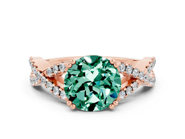 Rose gold Round Cut Green Sapphire Solitaire Ring with Four-Prong Setting and Twisted Pavé Band