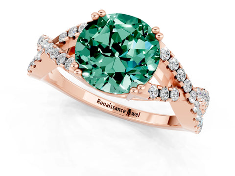 Rose gold Round Cut Green Sapphire Solitaire Ring with Four-Prong Setting and Twisted Pavé Band_1