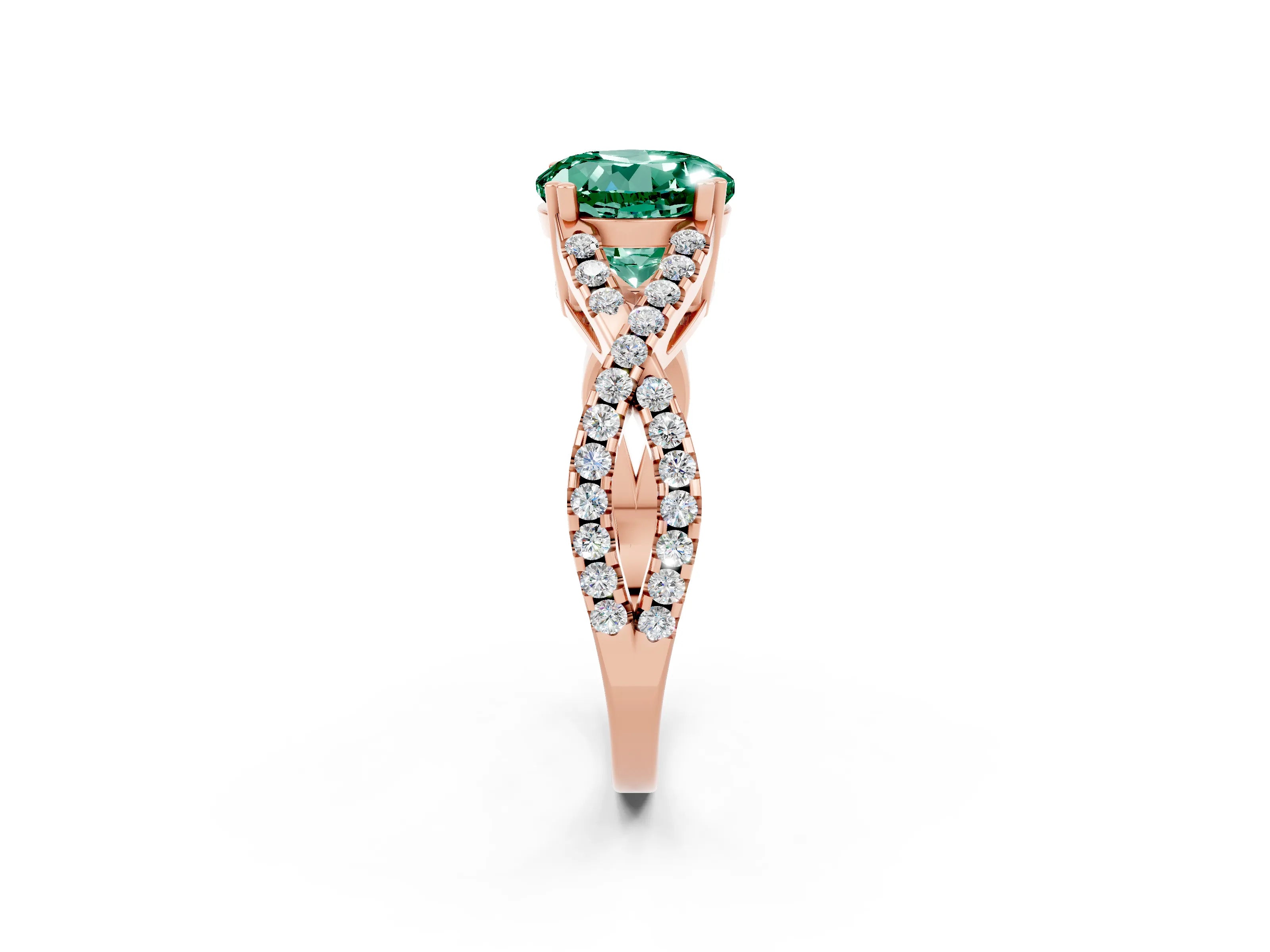 Rose gold Round Cut Green Sapphire Solitaire Ring with Four-Prong Setting and Twisted Pavé Band_2