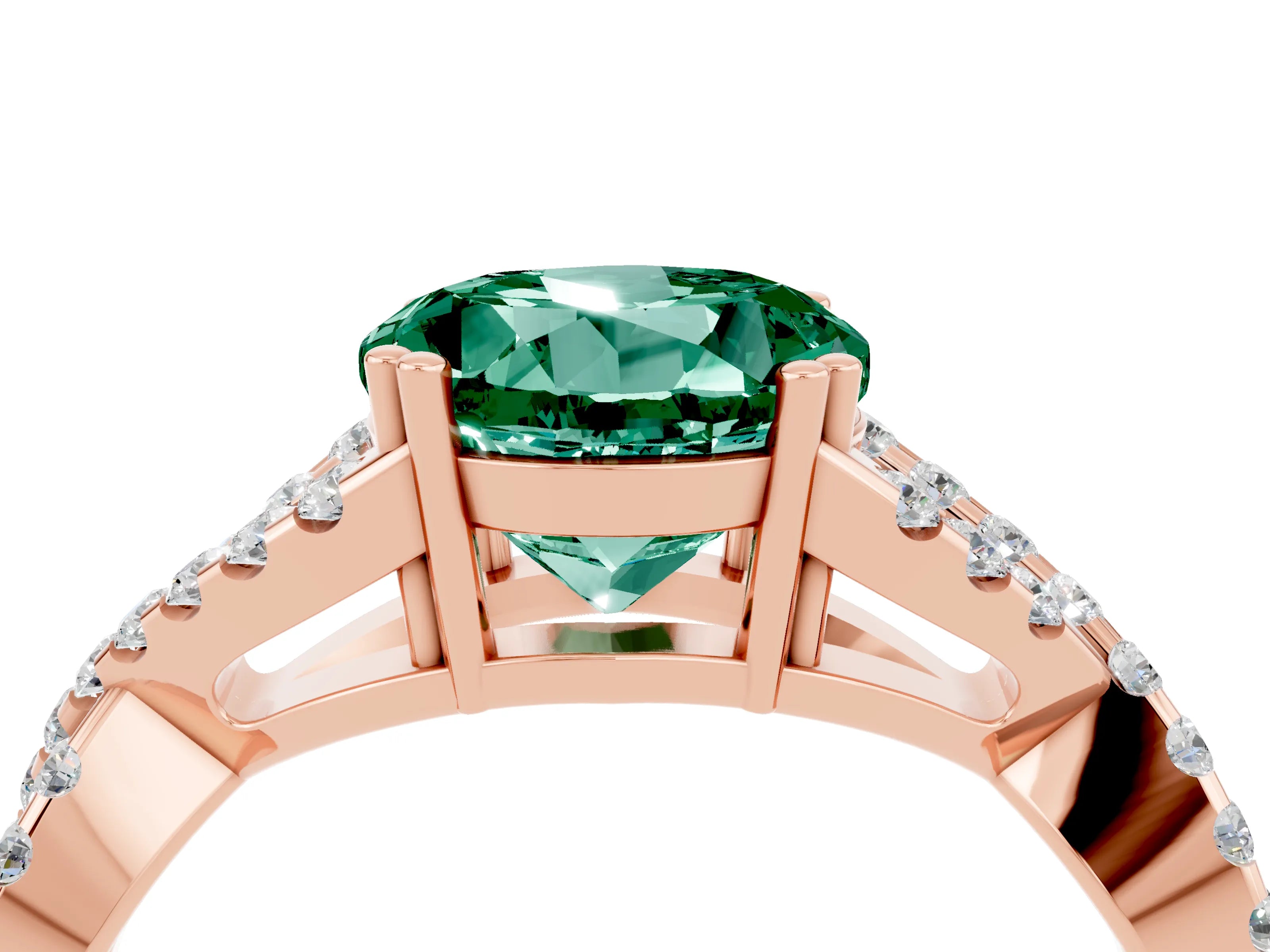 Rose gold Round Cut Green Sapphire Solitaire Ring with Four-Prong Setting and Twisted Pavé Band_4