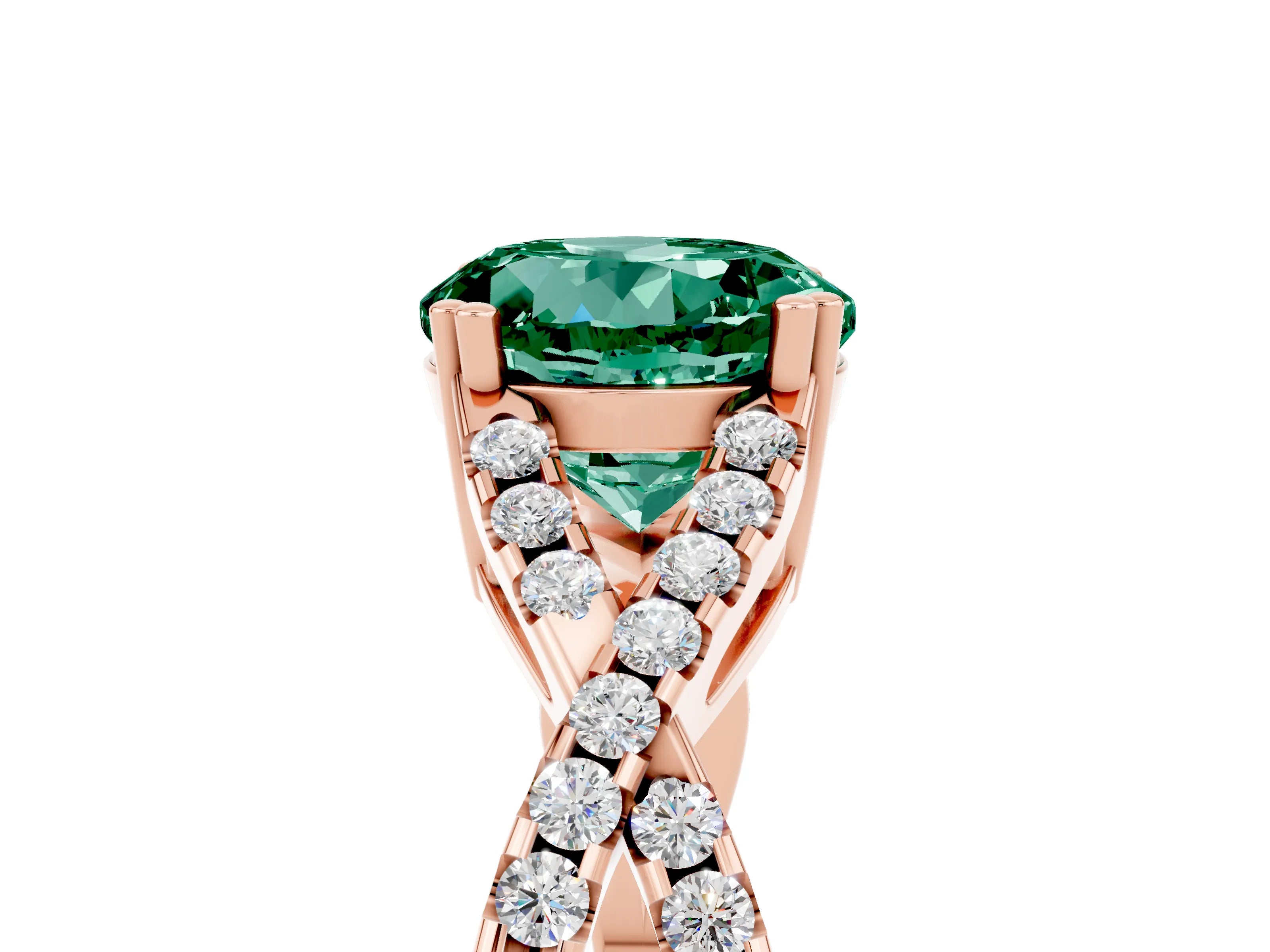Rose gold Round Cut Green Sapphire Solitaire Ring with Four-Prong Setting and Twisted Pavé Band_5
