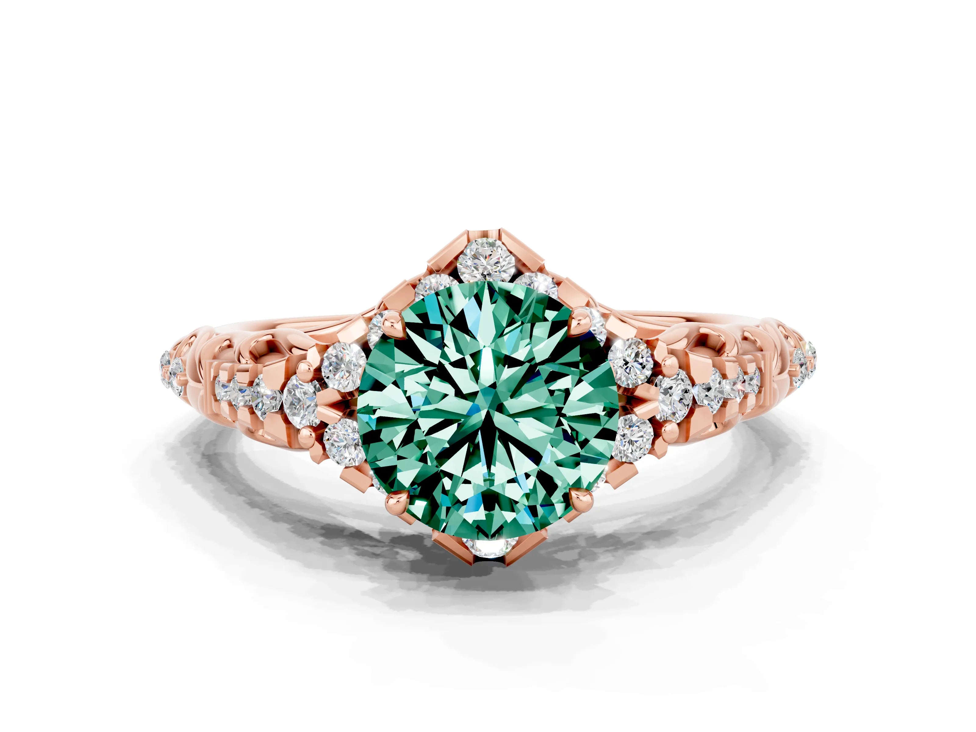 Rose gold Round Cut Green Sapphire Solitaire Ring with Hidden Halo and Pavé Band_12
