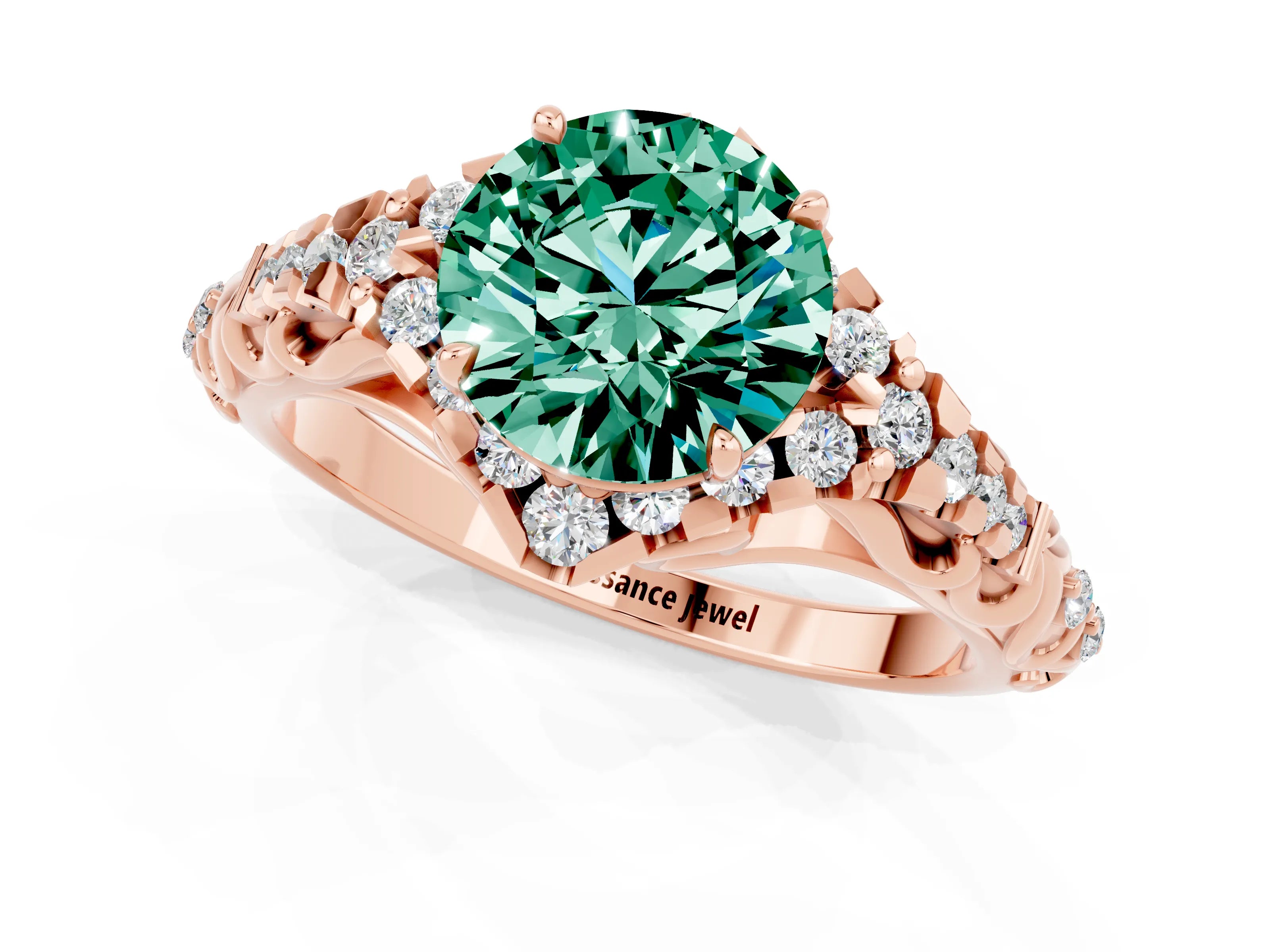 Rose gold Round Cut Green Sapphire Solitaire Ring with Hidden Halo and Pavé Band_13