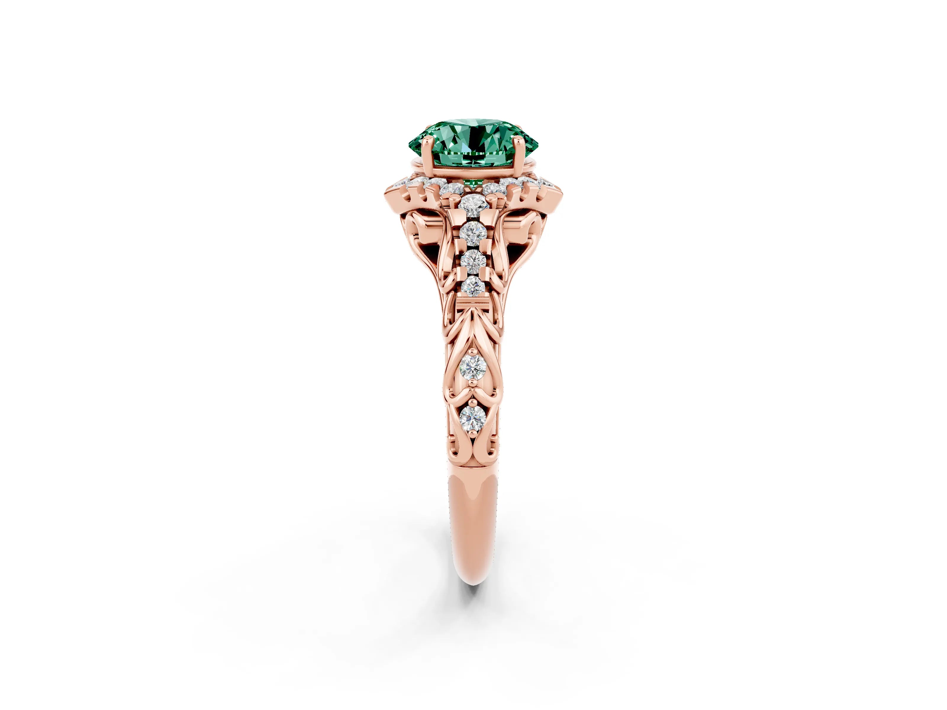 Rose gold Round Cut Green Sapphire Solitaire Ring with Hidden Halo and Pavé Band_14