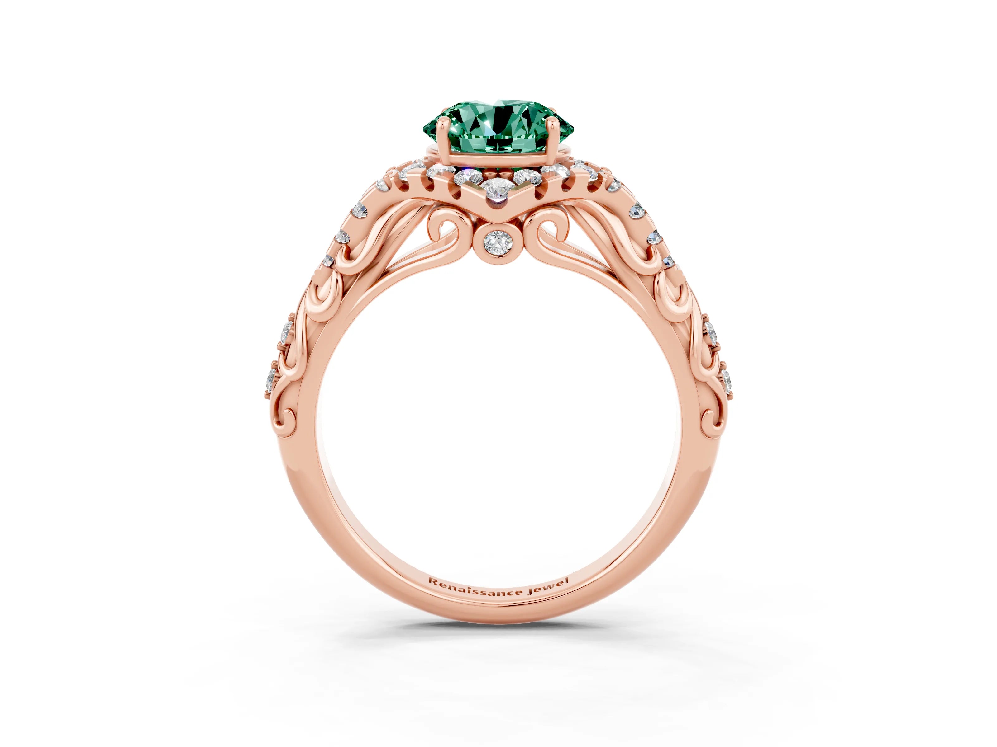 Rose gold Round Cut Green Sapphire Solitaire Ring with Hidden Halo and Pavé Band_15