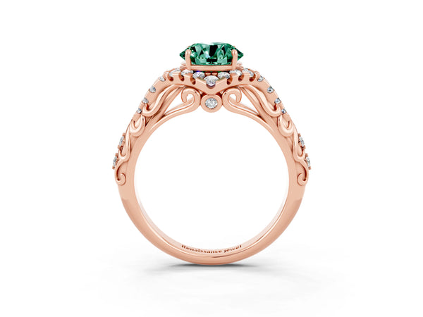 Rose gold Round Cut Green Sapphire Solitaire Ring with Hidden Halo and Pavé Band