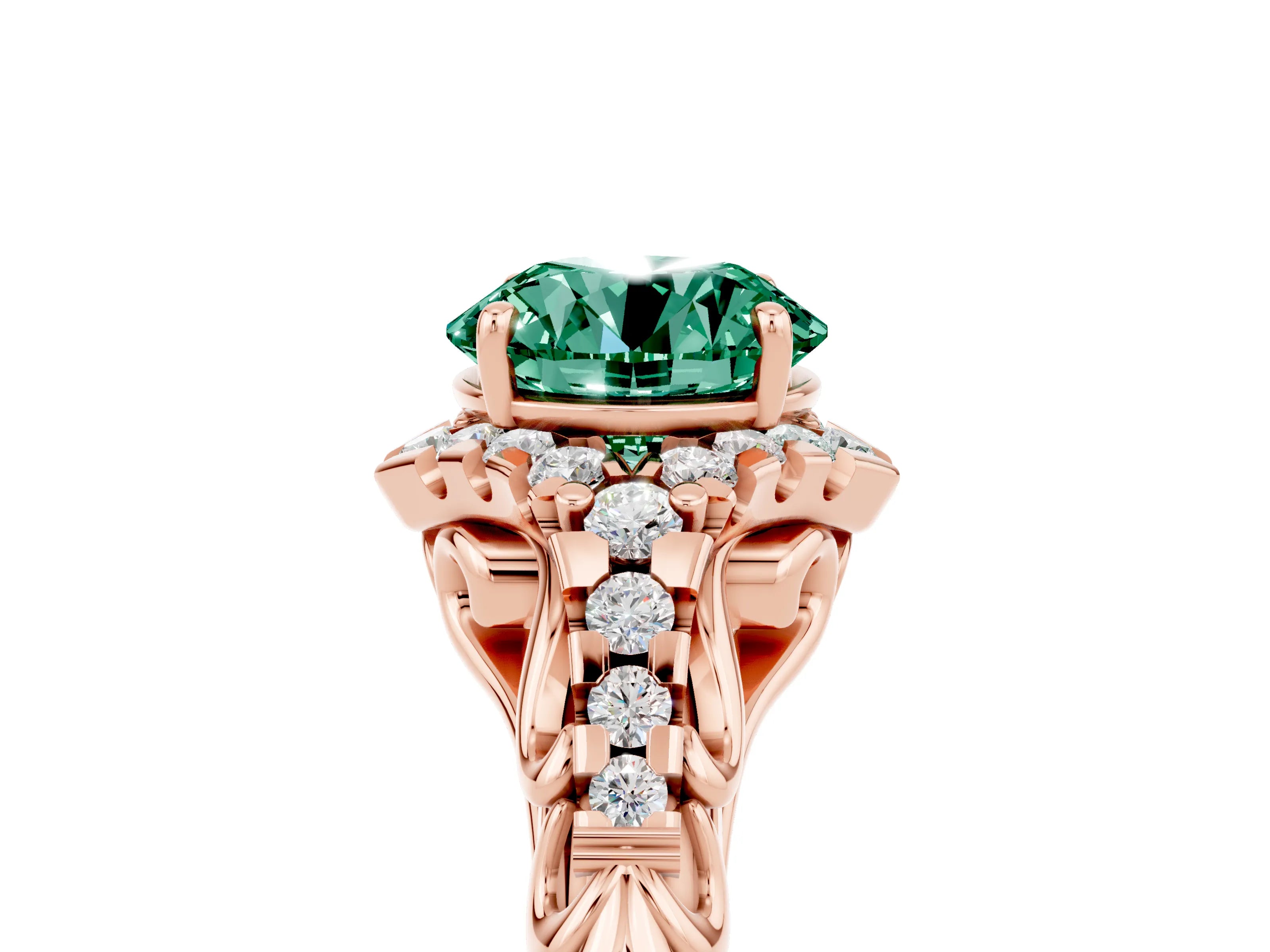 Rose gold Round Cut Green Sapphire Solitaire Ring with Hidden Halo and Pavé Band_17