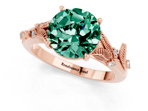 Rose gold Round Cut Green Sapphire Solitaire Ring with Leaf Motif Band and Four-Prong Setting_1