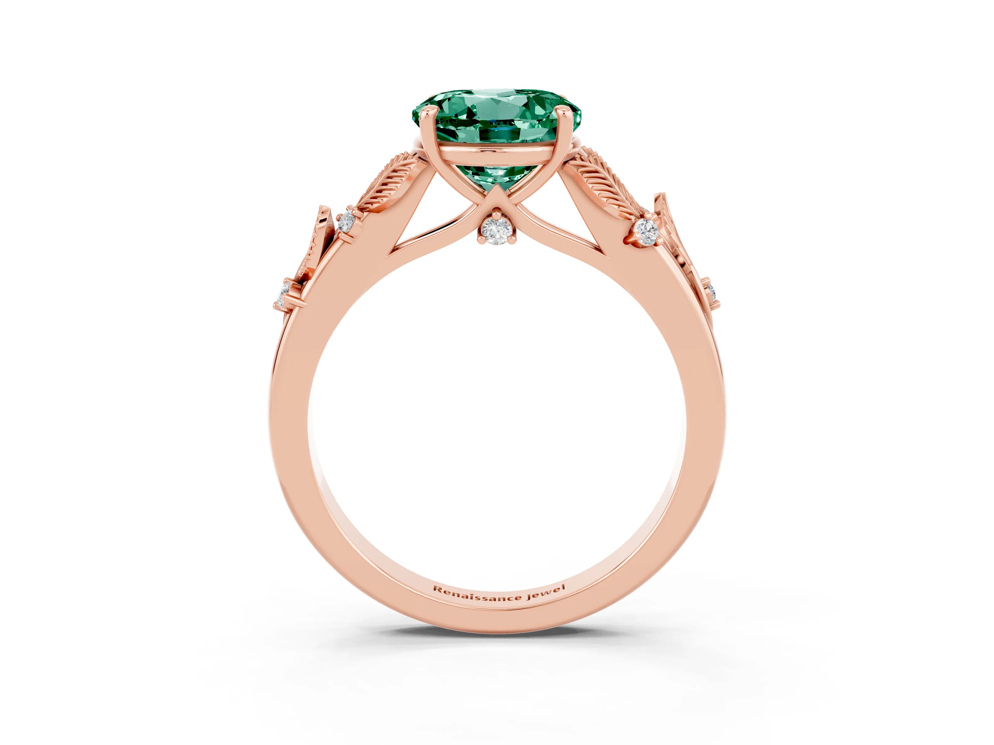 Rose gold Round Cut Green Sapphire Solitaire Ring with Leaf Motif Band and Four-Prong Setting_3