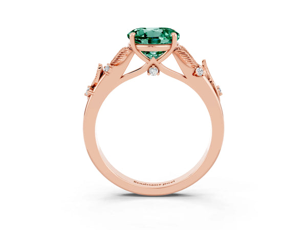 Rose gold Round Cut Green Sapphire Solitaire Ring with Leaf Motif Band and Four-Prong Setting