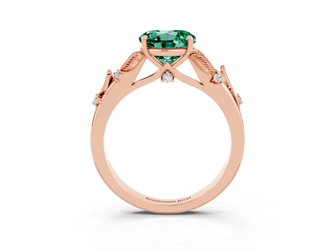 Rose gold Round Cut Green Sapphire Solitaire Ring with Leaf Motif Band and Four-Prong Setting_3