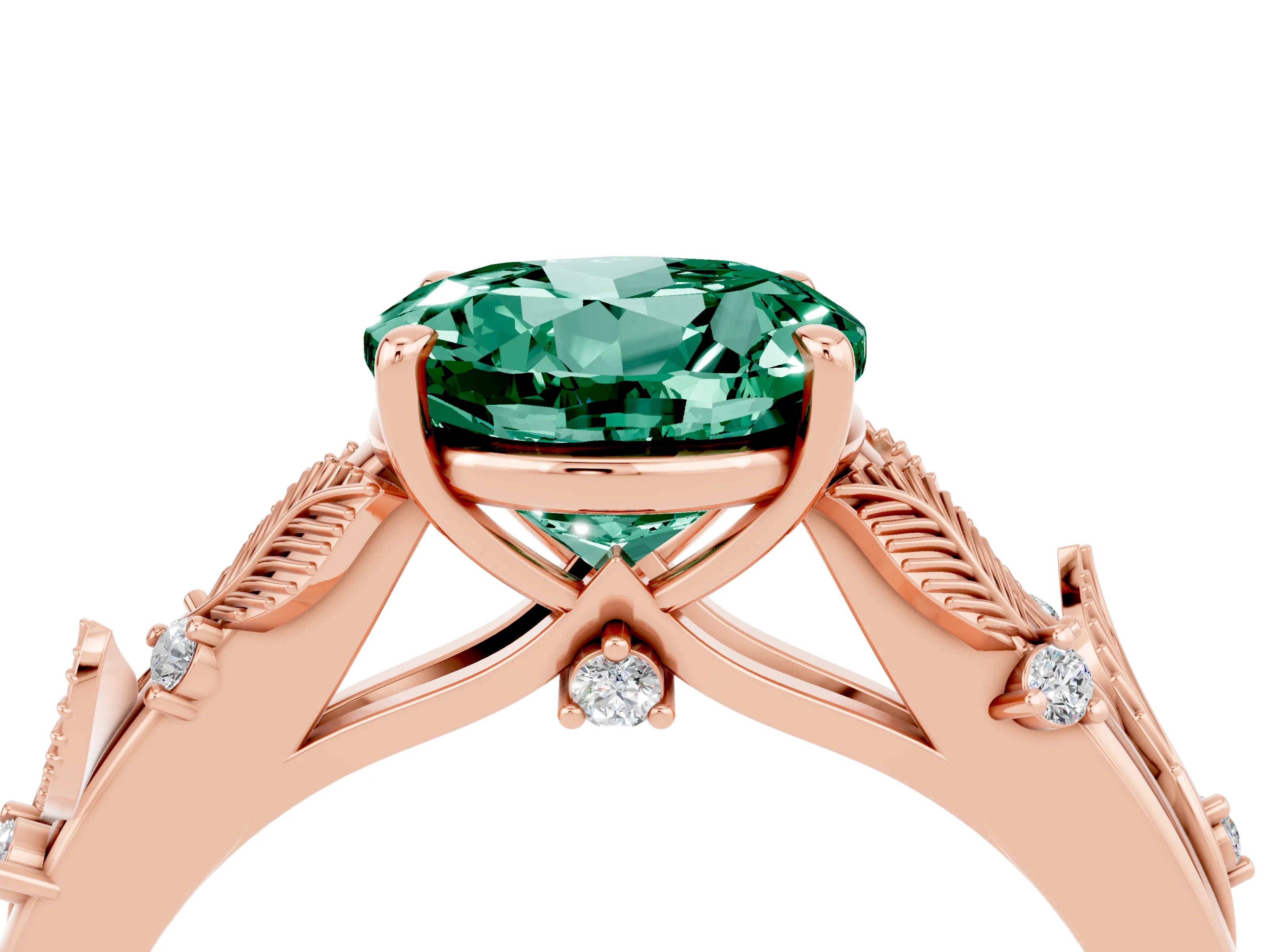 Rose gold Round Cut Green Sapphire Solitaire Ring with Leaf Motif Band and Four-Prong Setting_4