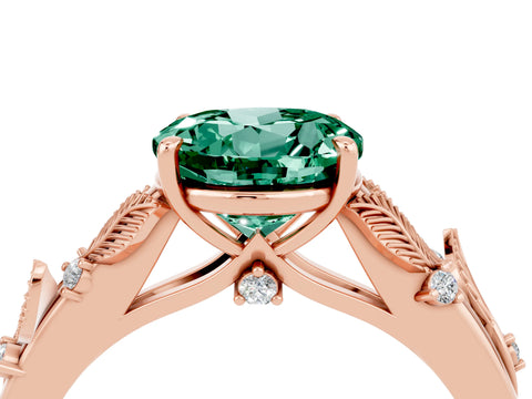 Rose gold Round Cut Green Sapphire Solitaire Ring with Leaf Motif Band and Four-Prong Setting_4