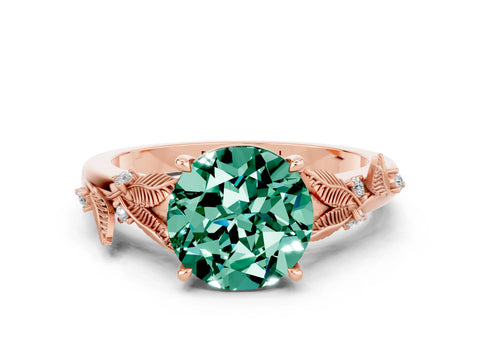 Rose gold Round Cut Green Sapphire Solitaire Ring with Leaf Motif Band and Four-Prong Setting