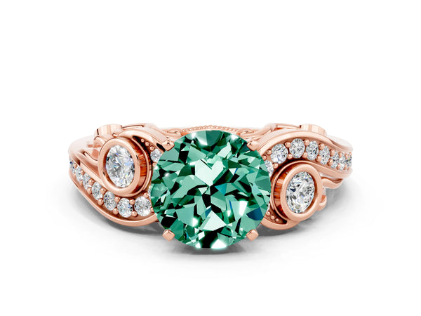 Rose gold Round Cut Green Sapphire Solitaire Ring with Milgrain Pavé Band and Four-Prong Setting