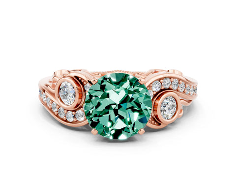 Rose gold Round Cut Green Sapphire Solitaire Ring with Milgrain Pavé Band and Four-Prong Setting_24