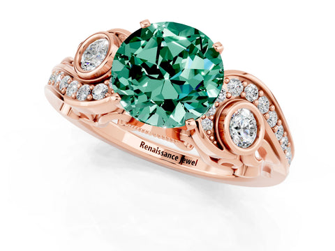 Rose gold Round Cut Green Sapphire Solitaire Ring with Milgrain Pavé Band and Four-Prong Setting_25