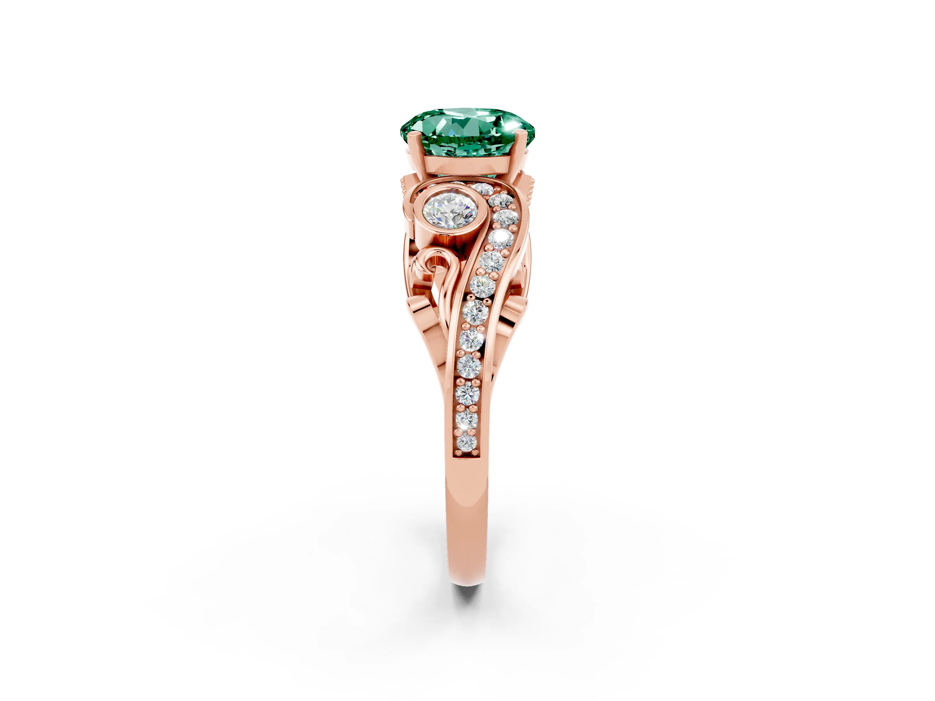 Rose gold Round Cut Green Sapphire Solitaire Ring with Milgrain Pavé Band and Four-Prong Setting_26