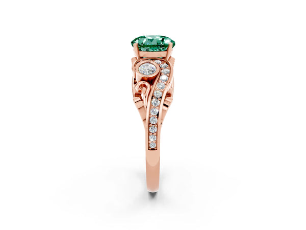 Rose gold Round Cut Green Sapphire Solitaire Ring with Milgrain Pavé Band and Four-Prong Setting