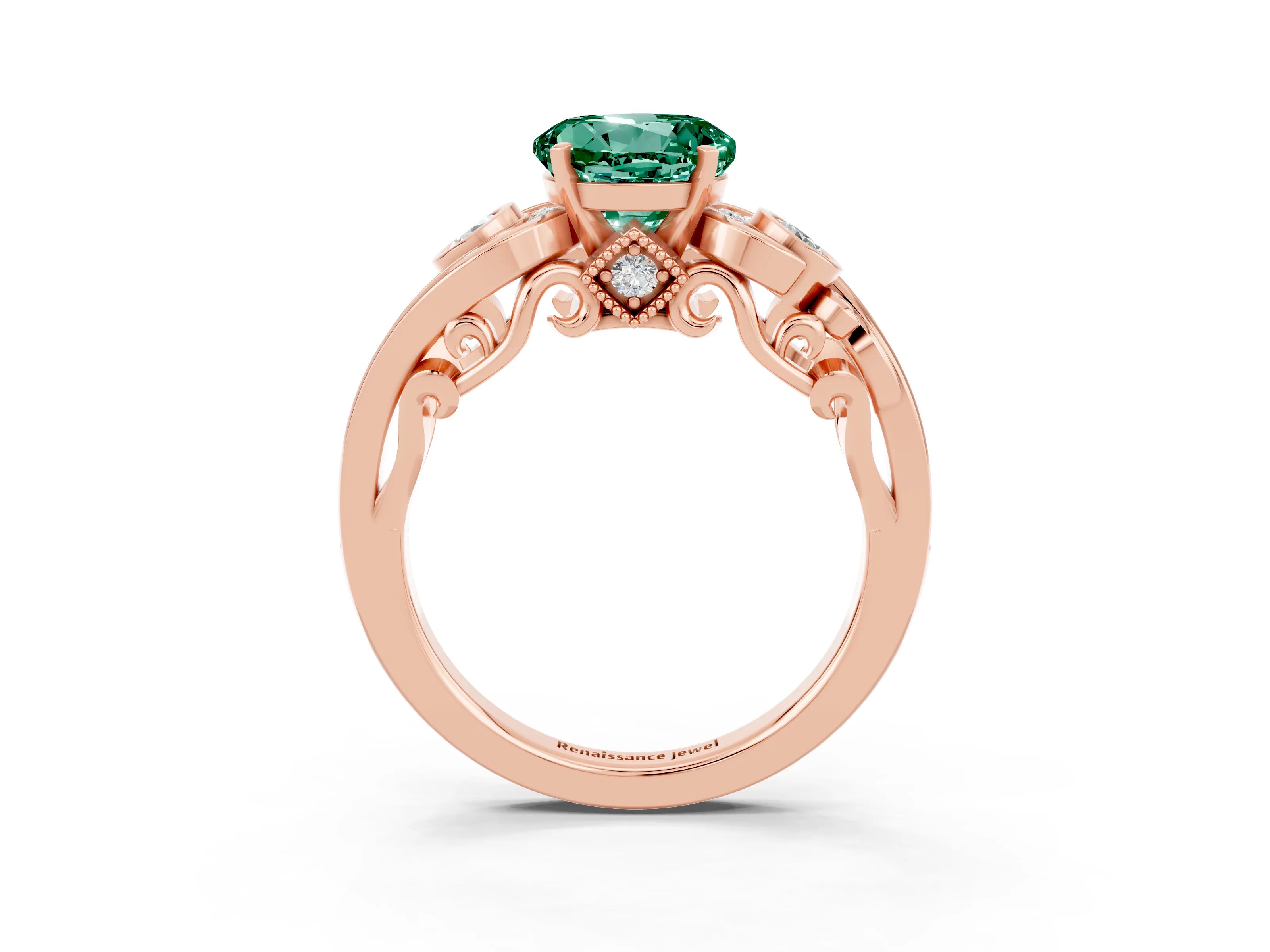 Rose gold Round Cut Green Sapphire Solitaire Ring with Milgrain Pavé Band and Four-Prong Setting_27