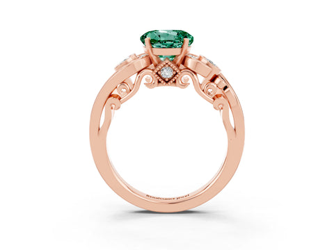 Rose gold Round Cut Green Sapphire Solitaire Ring with Milgrain Pavé Band and Four-Prong Setting_27