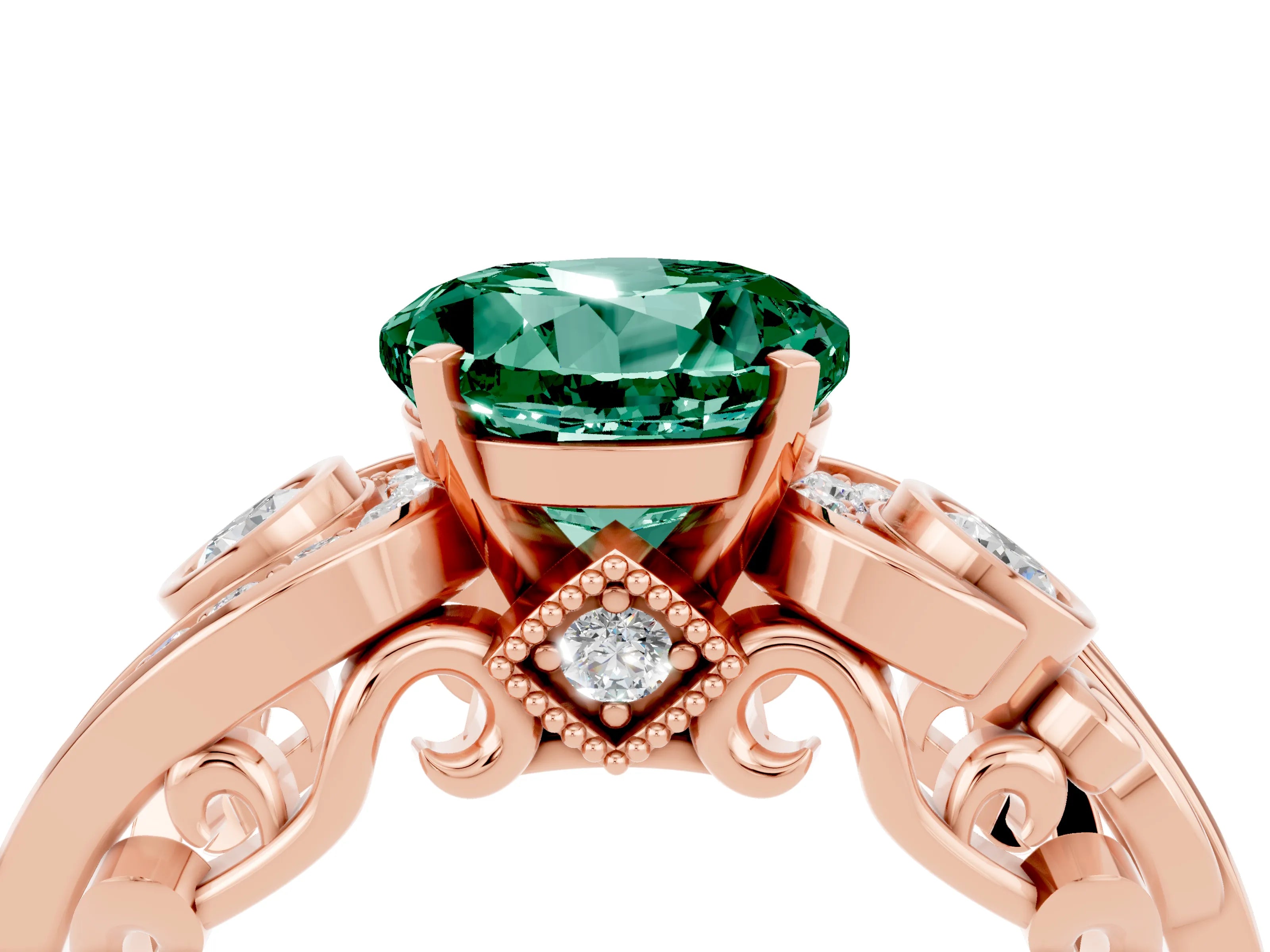 Rose gold Round Cut Green Sapphire Solitaire Ring with Milgrain Pavé Band and Four-Prong Setting_28