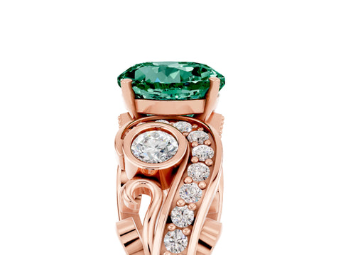 Rose gold Round Cut Green Sapphire Solitaire Ring with Milgrain Pavé Band and Four-Prong Setting_29