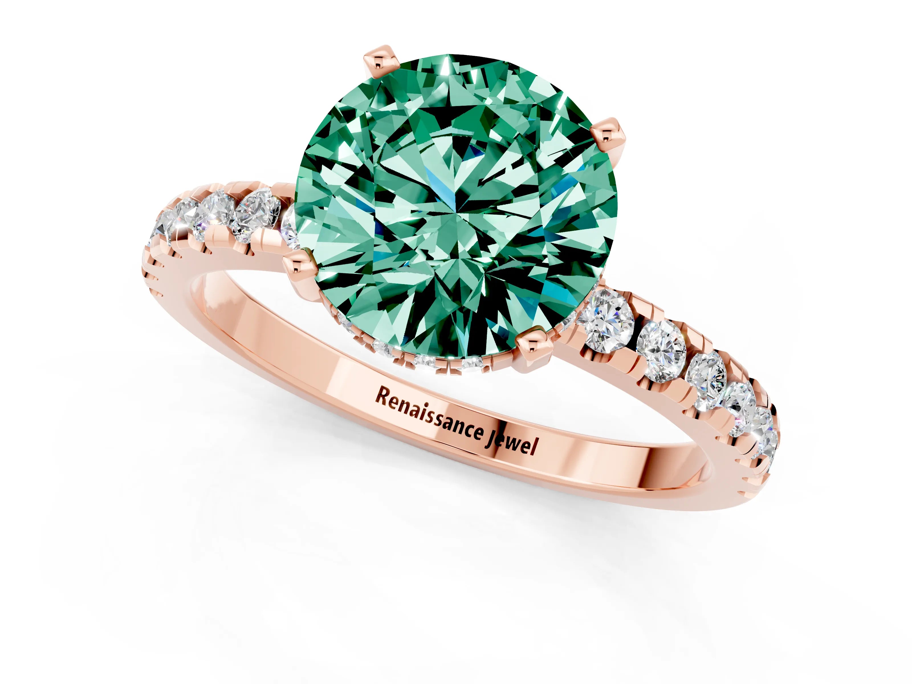 Rose gold Round Cut Green Sapphire Solitaire Ring with Pavé Band and Four-Prong Setting_13