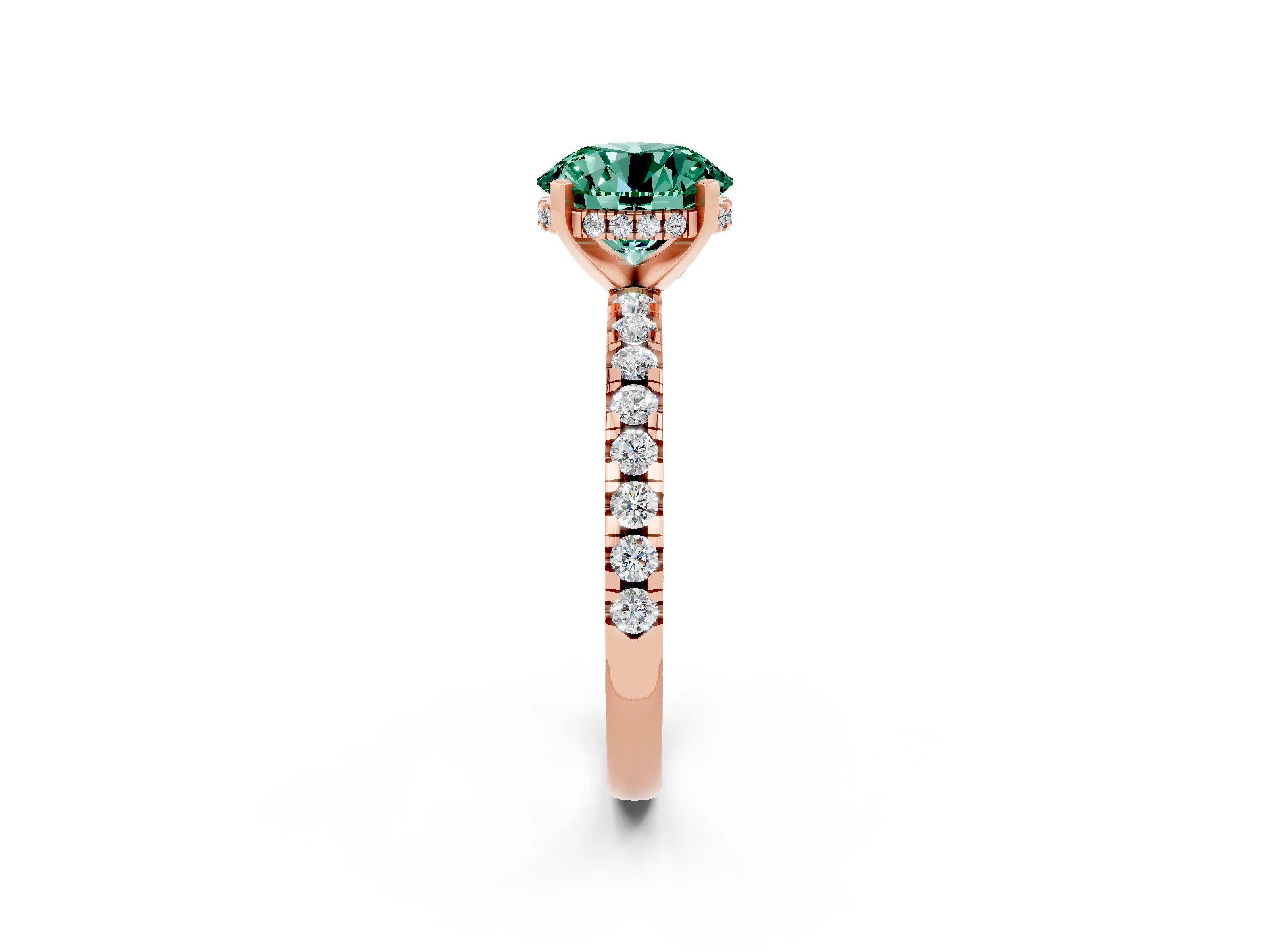 Rose gold Round Cut Green Sapphire Solitaire Ring with Pavé Band and Four-Prong Setting_14