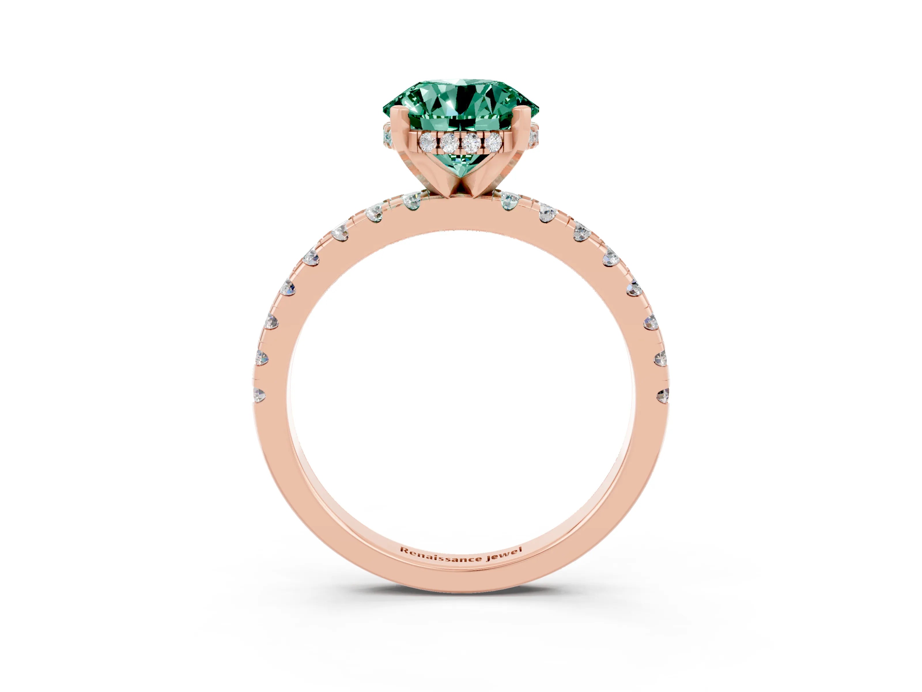 Rose gold Round Cut Green Sapphire Solitaire Ring with Pavé Band and Four-Prong Setting_15