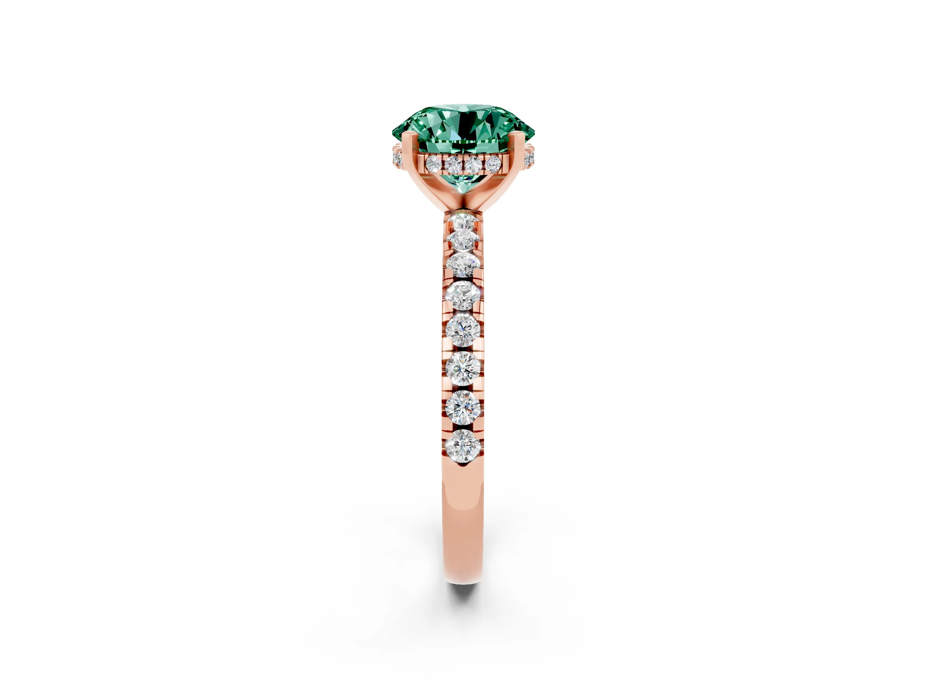 Rose gold Round Cut Green Sapphire Solitaire Ring with Pavé Band and Four-Prong Setting_26
