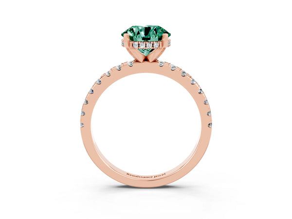 Rose gold Round Cut Green Sapphire Solitaire Ring with Round  Pavé Band and Four-Prong Setting