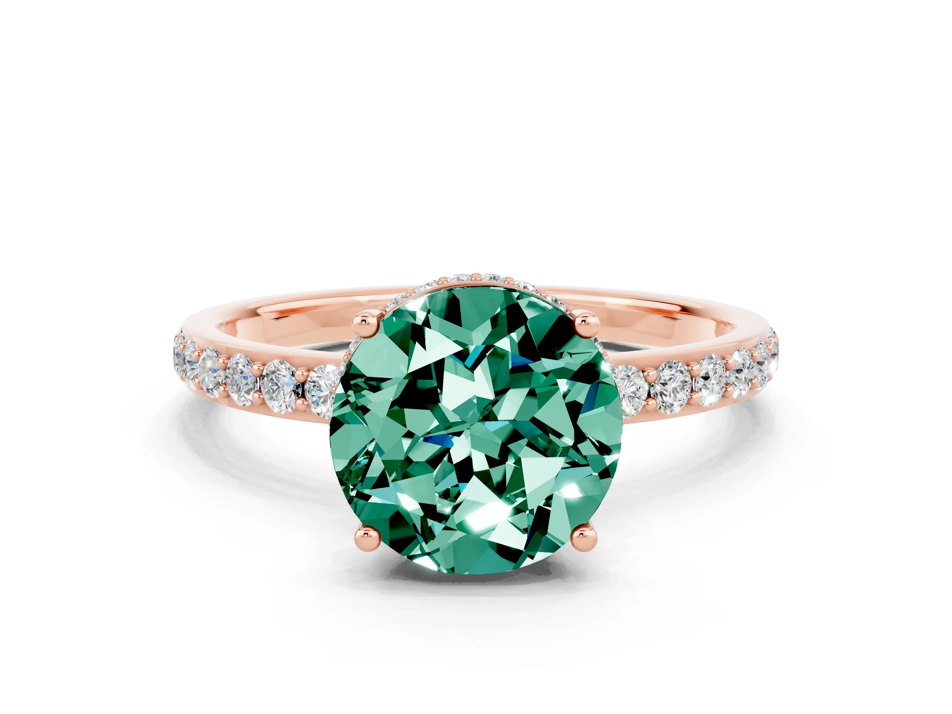 Rose gold Round Cut Green Sapphire Solitaire Ring with Pavé Band and Hidden Halo_12