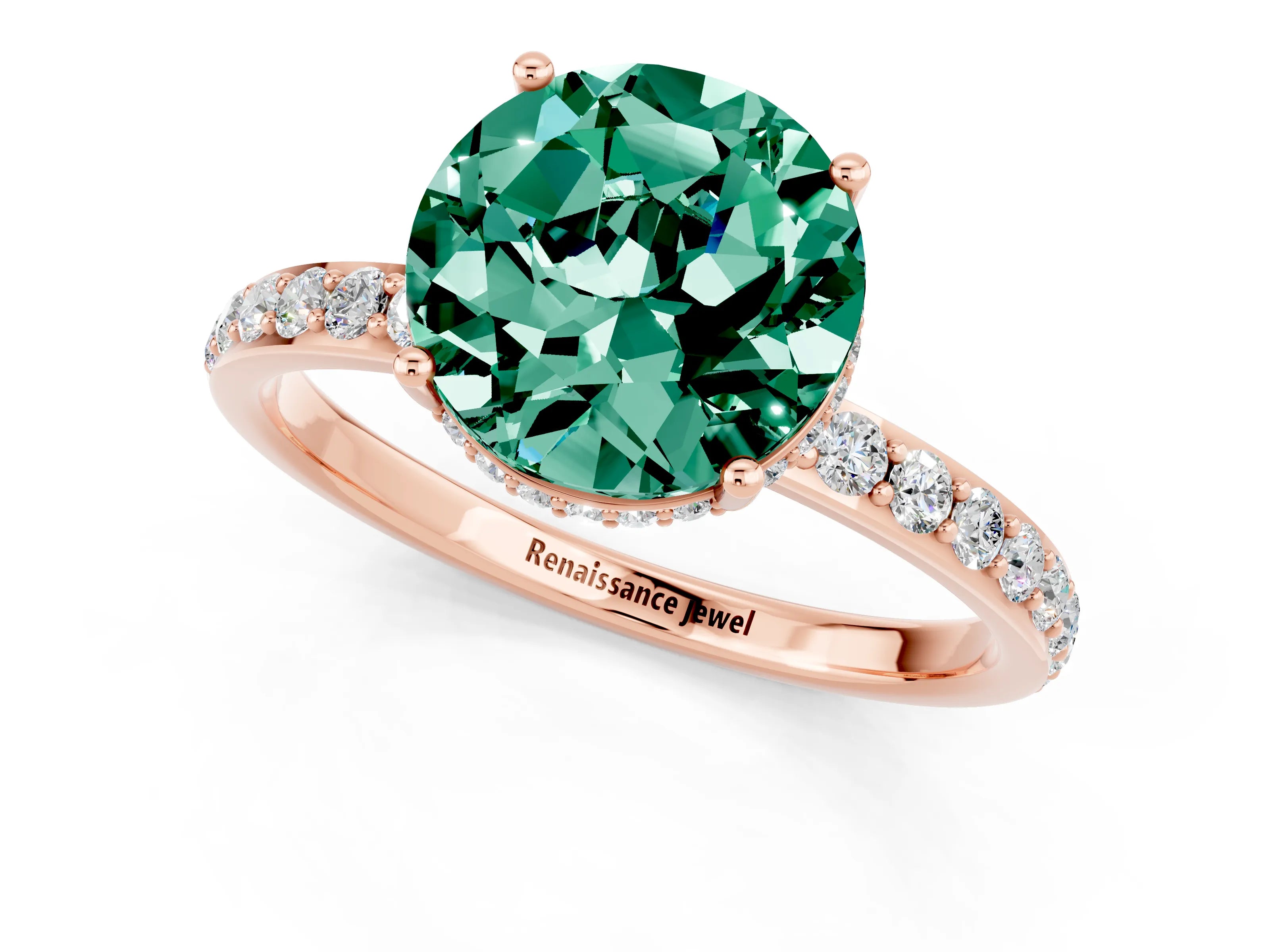 Rose gold Round Cut Green Sapphire Solitaire Ring with Pavé Band and Hidden Halo_13