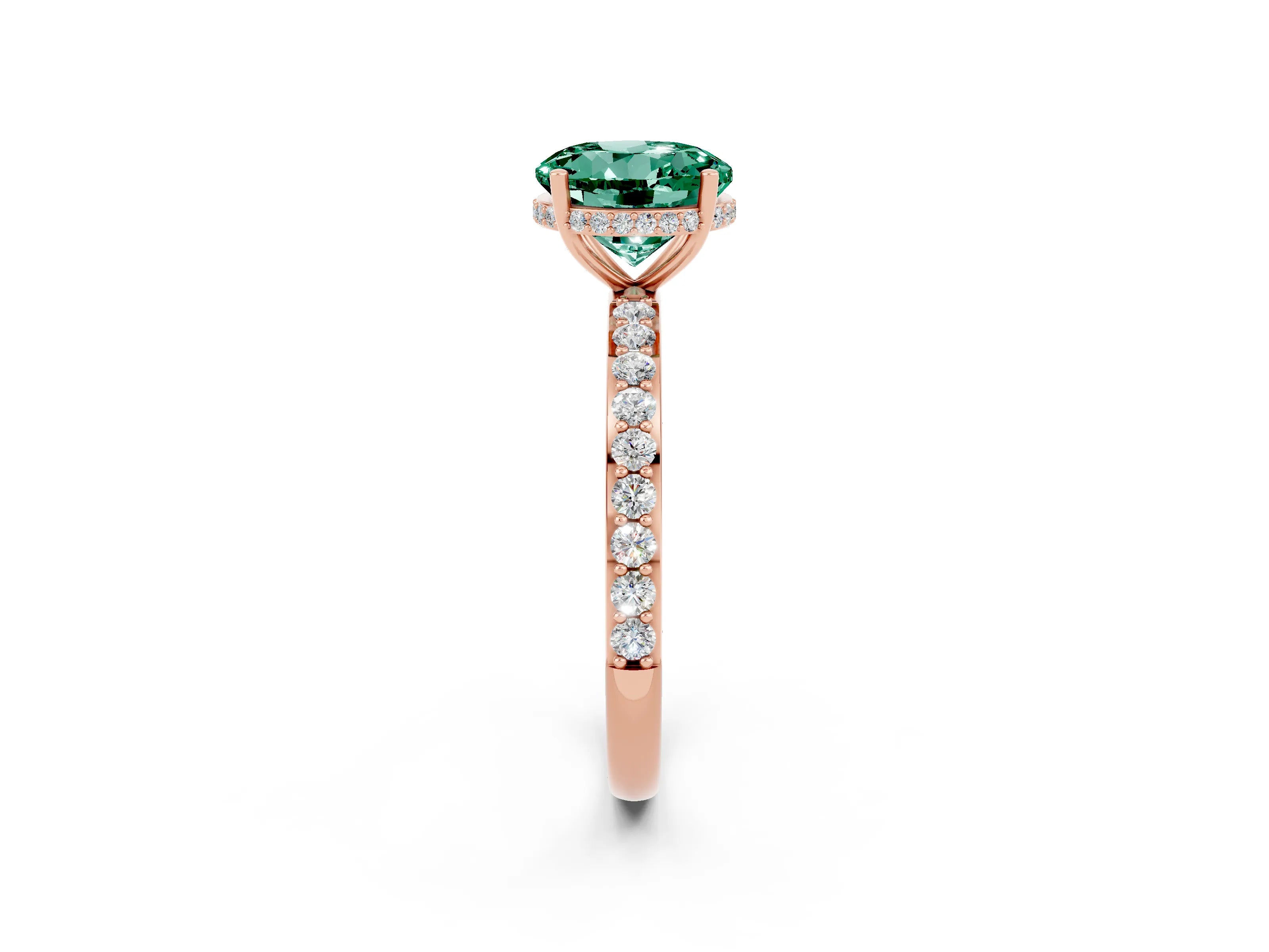 Rose gold Round Cut Green Sapphire Solitaire Ring with Pavé Band and Hidden Halo_14
