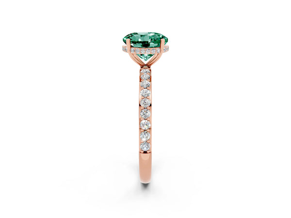Rose gold Round Cut Green Sapphire Solitaire Ring with Pavé Band and Hidden Halo