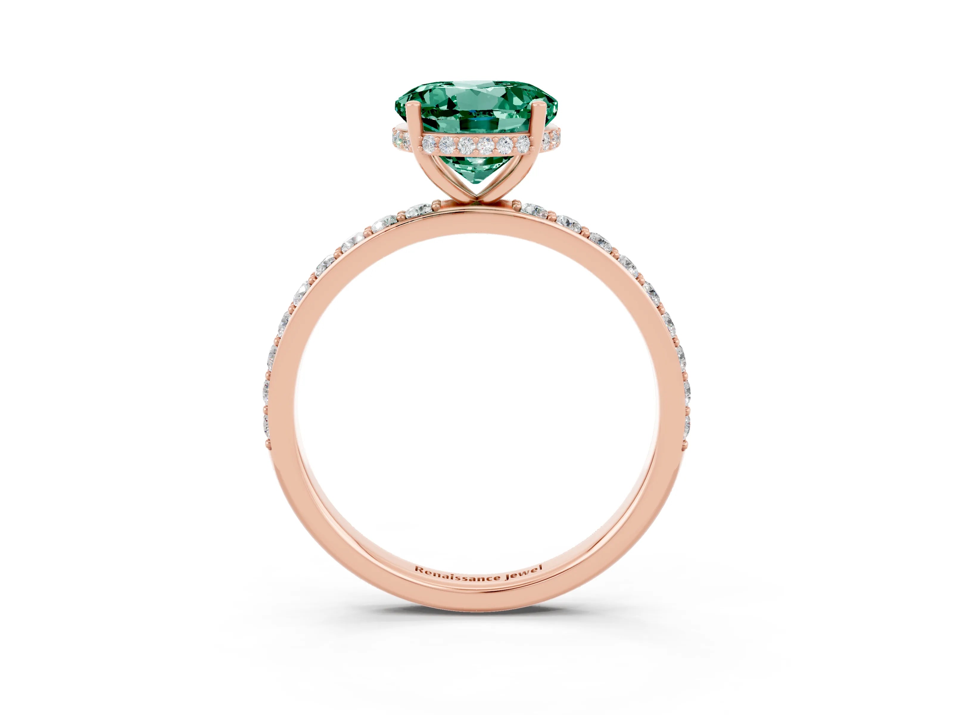 Rose gold Round Cut Green Sapphire Solitaire Ring with Pavé Band and Hidden Halo_15
