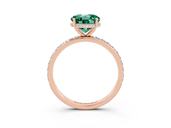 Rose gold Round Cut Green Sapphire Solitaire Ring with Pavé Band and Hidden Halo