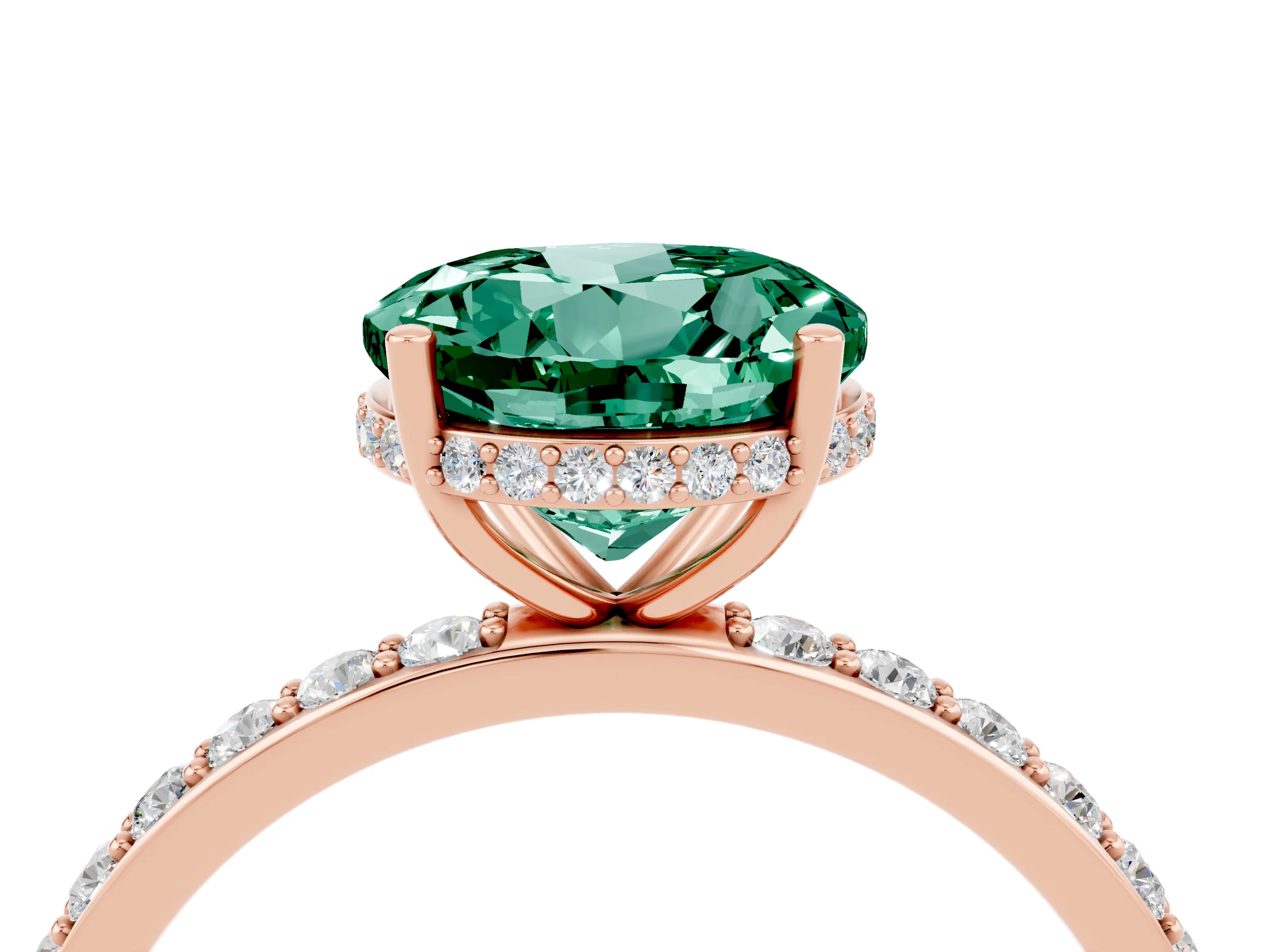 Rose gold Round Cut Green Sapphire Solitaire Ring with Pavé Band and Hidden Halo_16