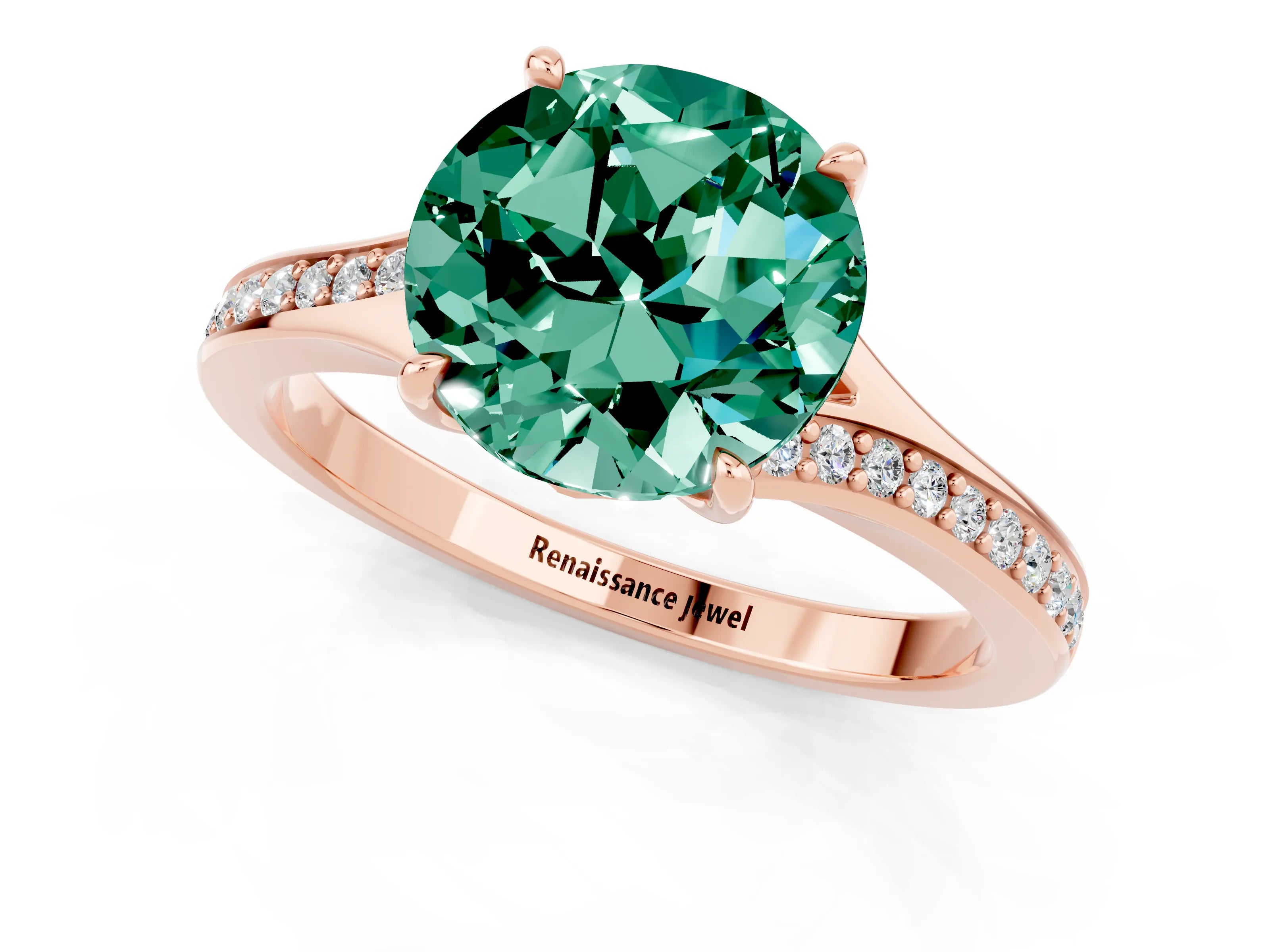 Rose gold Round Cut Green Sapphire Solitaire Ring with Pavé Band and Prong Setting_1