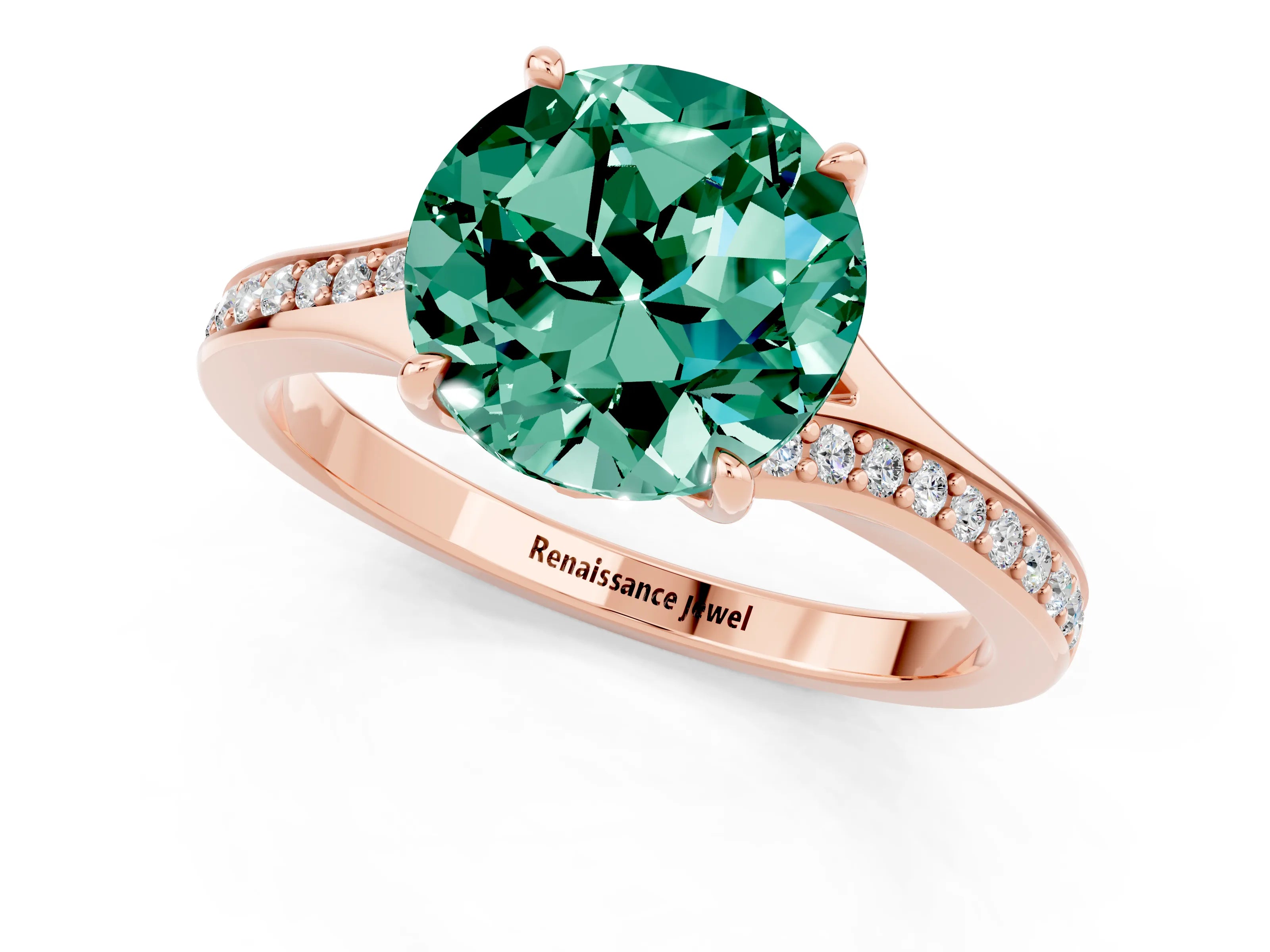 Rose gold Round Cut Green Sapphire Solitaire Ring with Pavé Band and Prong Setting_13