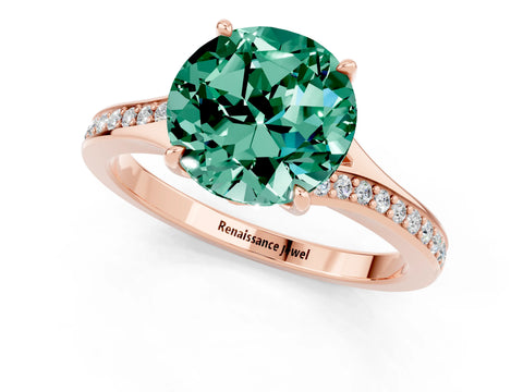 Rose gold Round Cut Green Sapphire Solitaire Ring with Pavé Band and Prong Setting_13