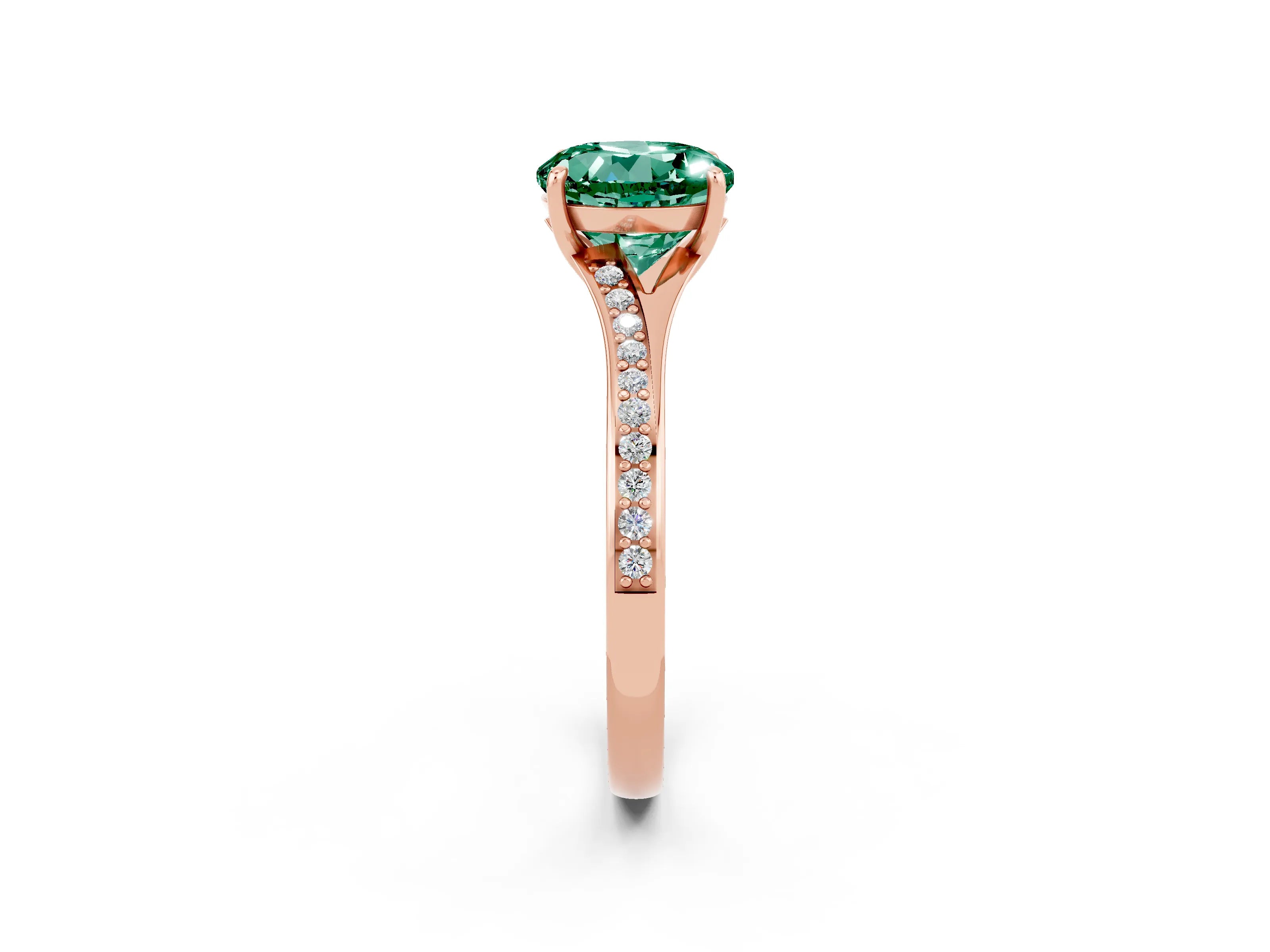Rose gold Round Cut Green Sapphire Solitaire Ring with Pavé Band and Prong Setting_14